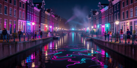 Amsterdam canal reflection with neon nightlife lighting and house music club district