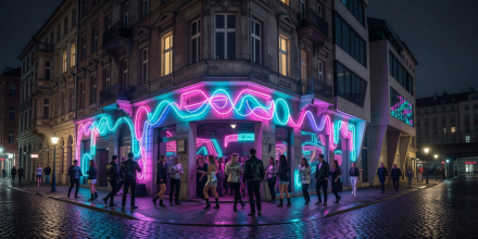 Berlin nighttime illuminated clubbing venue and urban architecture