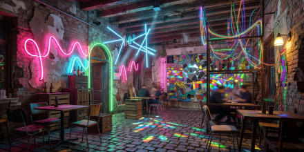 Budapest District VII Ruin Bar courtyard illuminated by neon lamps and art installations