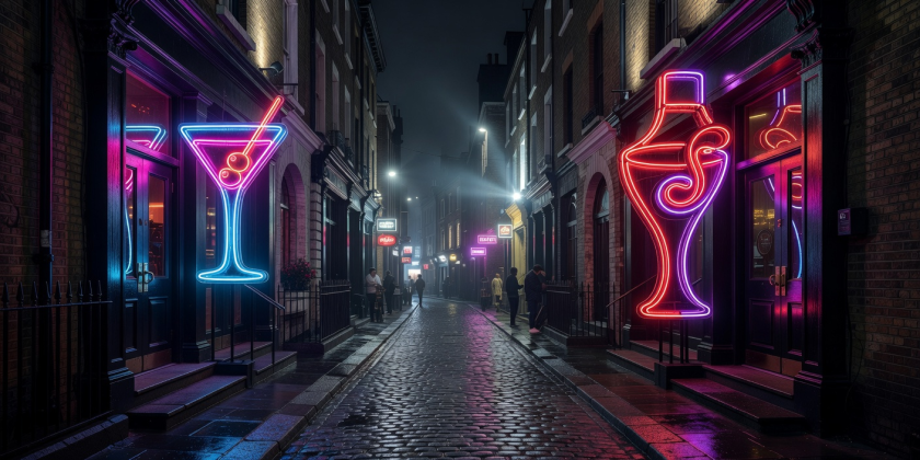 London nighttime streetscape in Soho with neon signs and cocktail club entrances