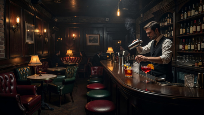 London speakeasy bar interior with cocktails and dimmed moody lighting