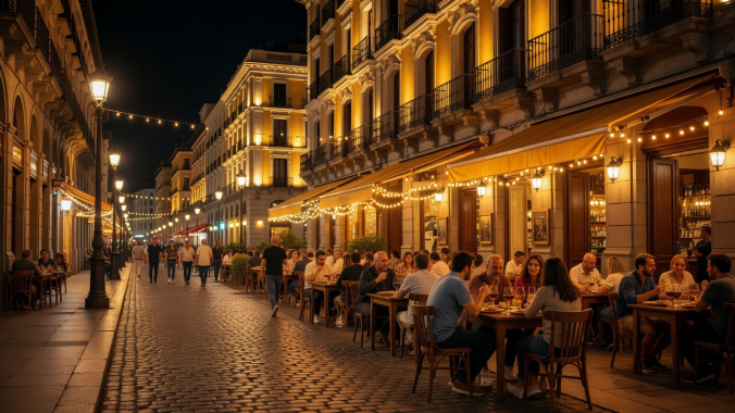 Madrid illuminated streets and tapas terraces at night