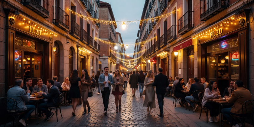 Madrid vibrant illuminated evening streets and Malasana bars